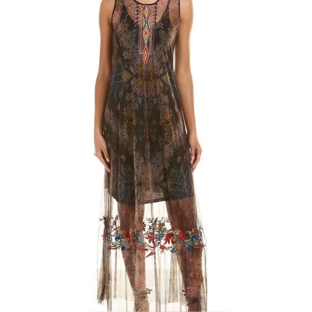 Johnny Was Biya Printed Mesh Embroidered Maxi Dress | Color: Brown | Black